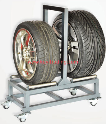 Modern Black Metal Tire Display Rack with Adjustable Height Wheels and Sturdy Design