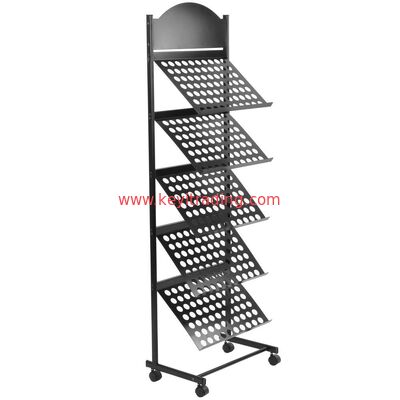 Custom Durable 5 Tier Metal Shelves Magazin Rack Magazine Display Dtand With Wheel
