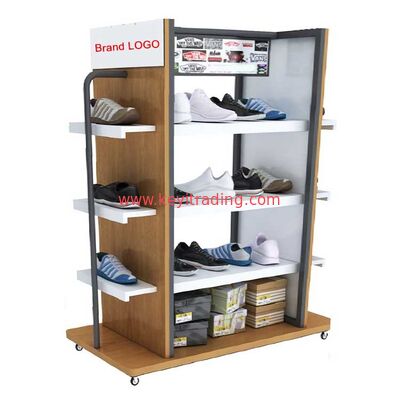 Logo personalizzato, struttura moderna in metallo e espositore per scarpe in legno