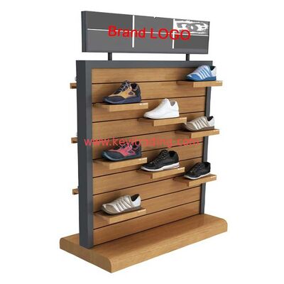 Espositore per scarpe a doppia facciata in legno con ripiani per negozio al dettaglio