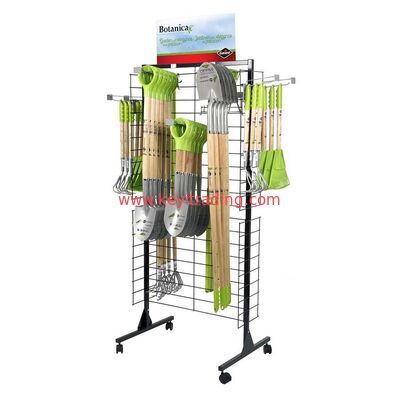 free stand 2 sided metal wire mesh hanging Shovel Display Rack With 4 Wheel