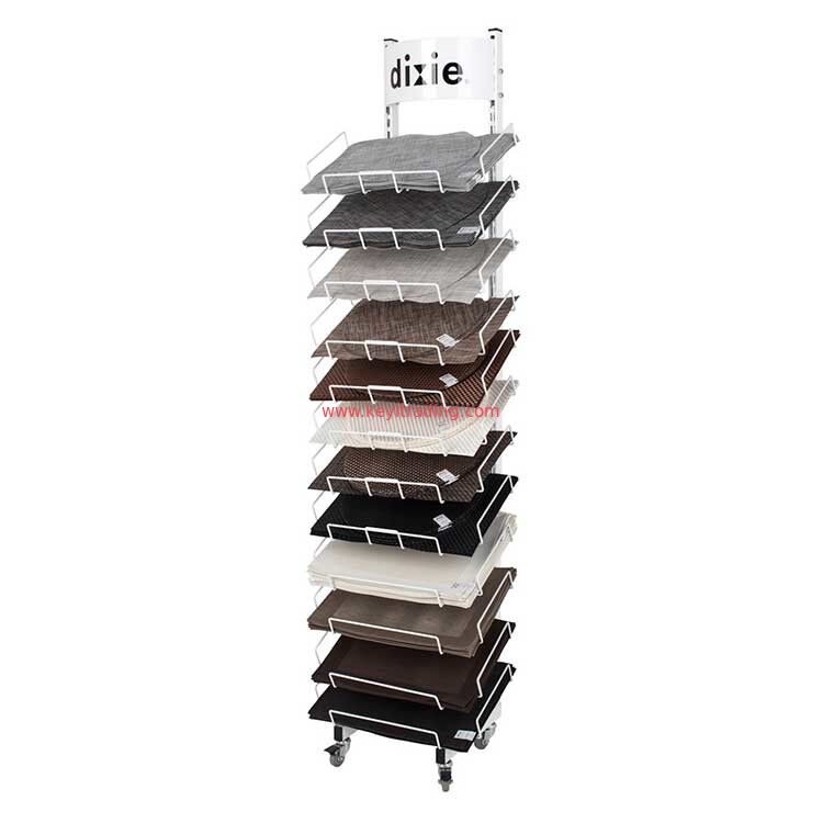 Adjustable Wire Shelf Floor Standing Metal Placemat Display Stand With 4 Wheel